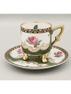 Vintage Mitterteich Bavaria Porcelain Demitasse Cup & Saucer Set Roses Green MCM